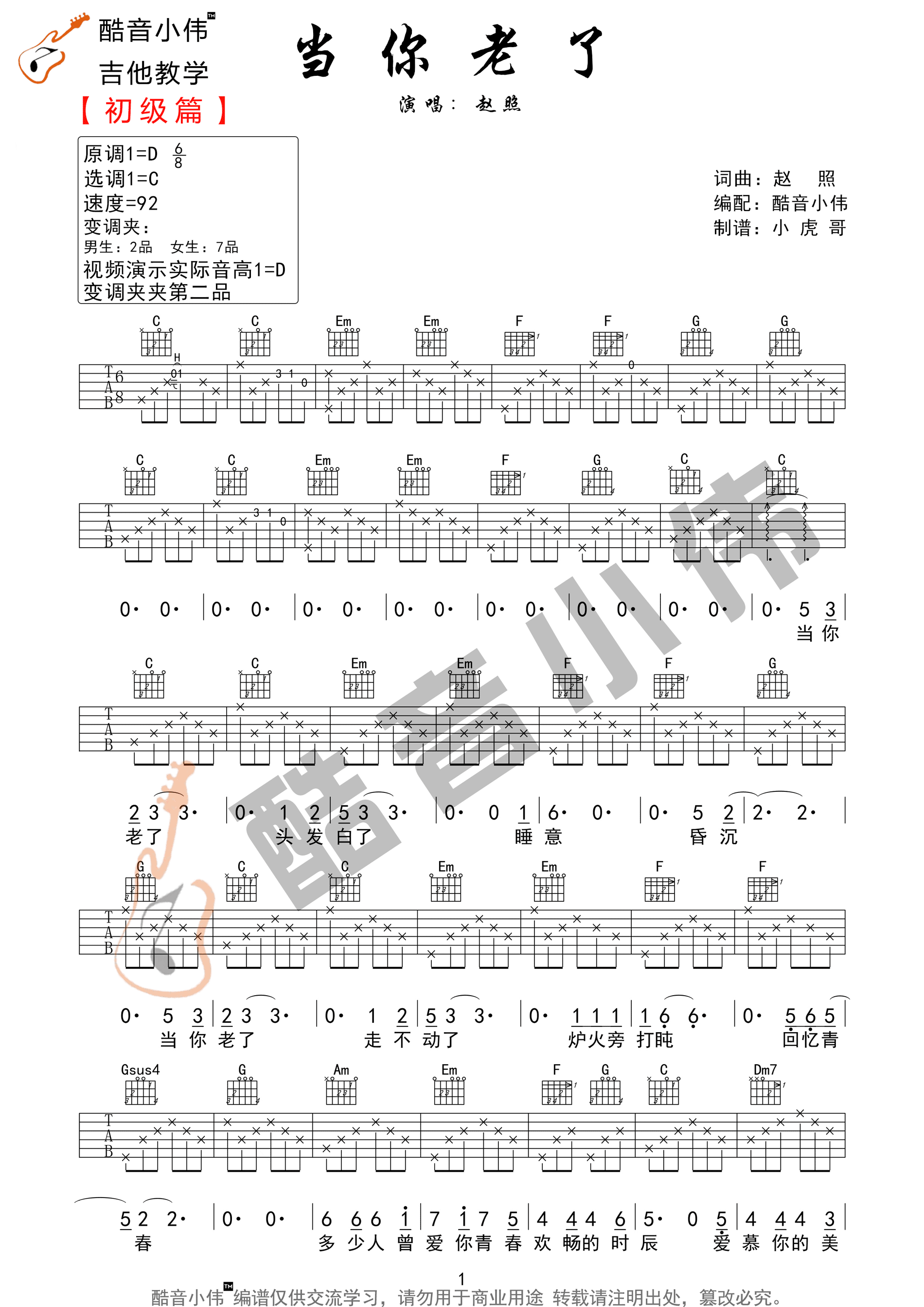 当你老了 - 赵照 - 吉他谱（含弹唱视频）(王福熠编配) - 嗨吉他